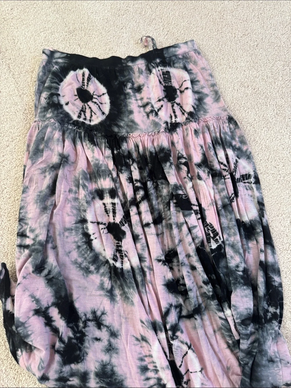 Tie-Dye Pink and Black Boho Tiered Skirt